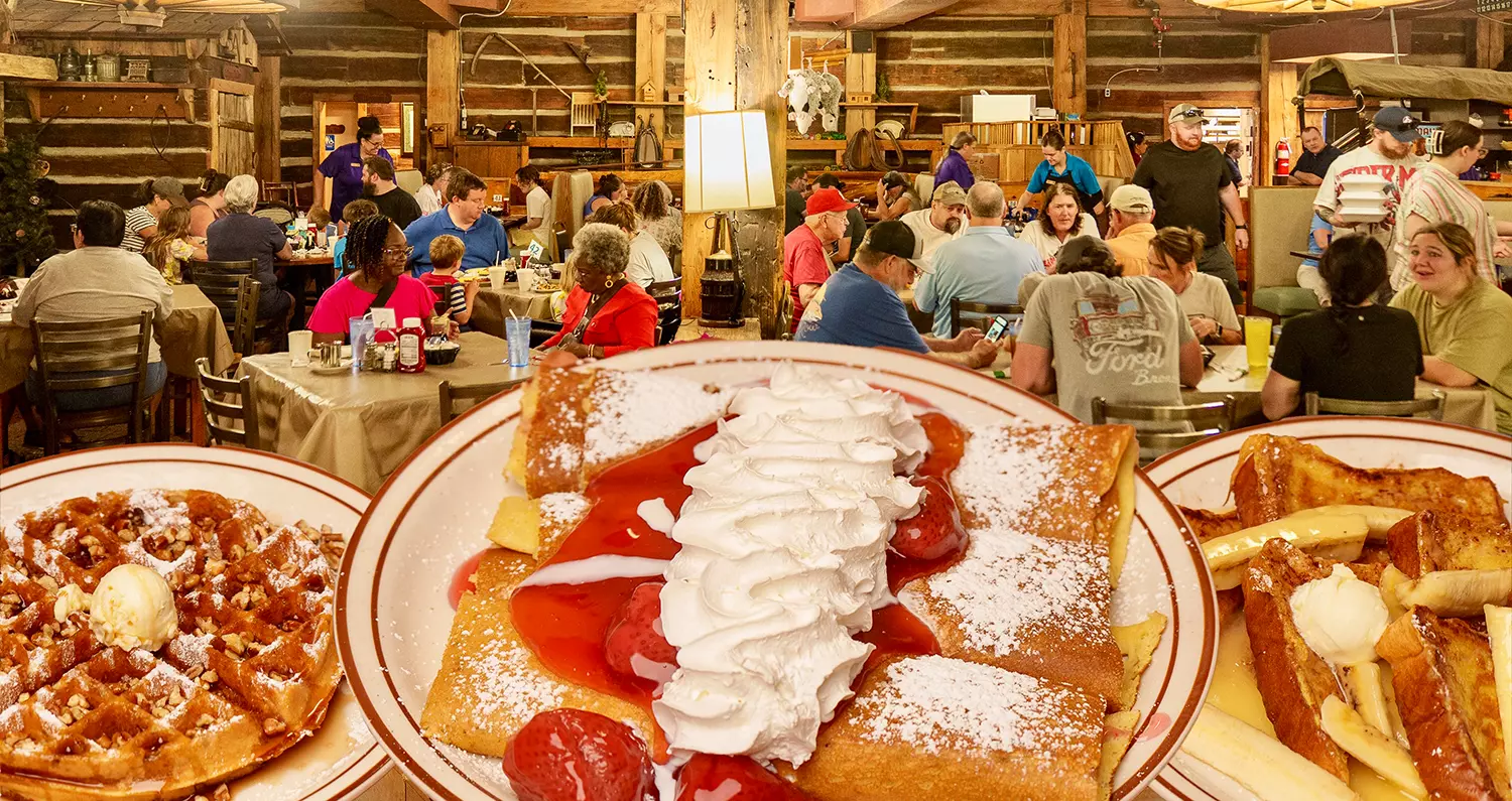 breakfast plates of waffles, crepes, and french toast